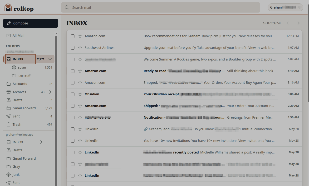 rolltop inbox showing a fast scanning message list