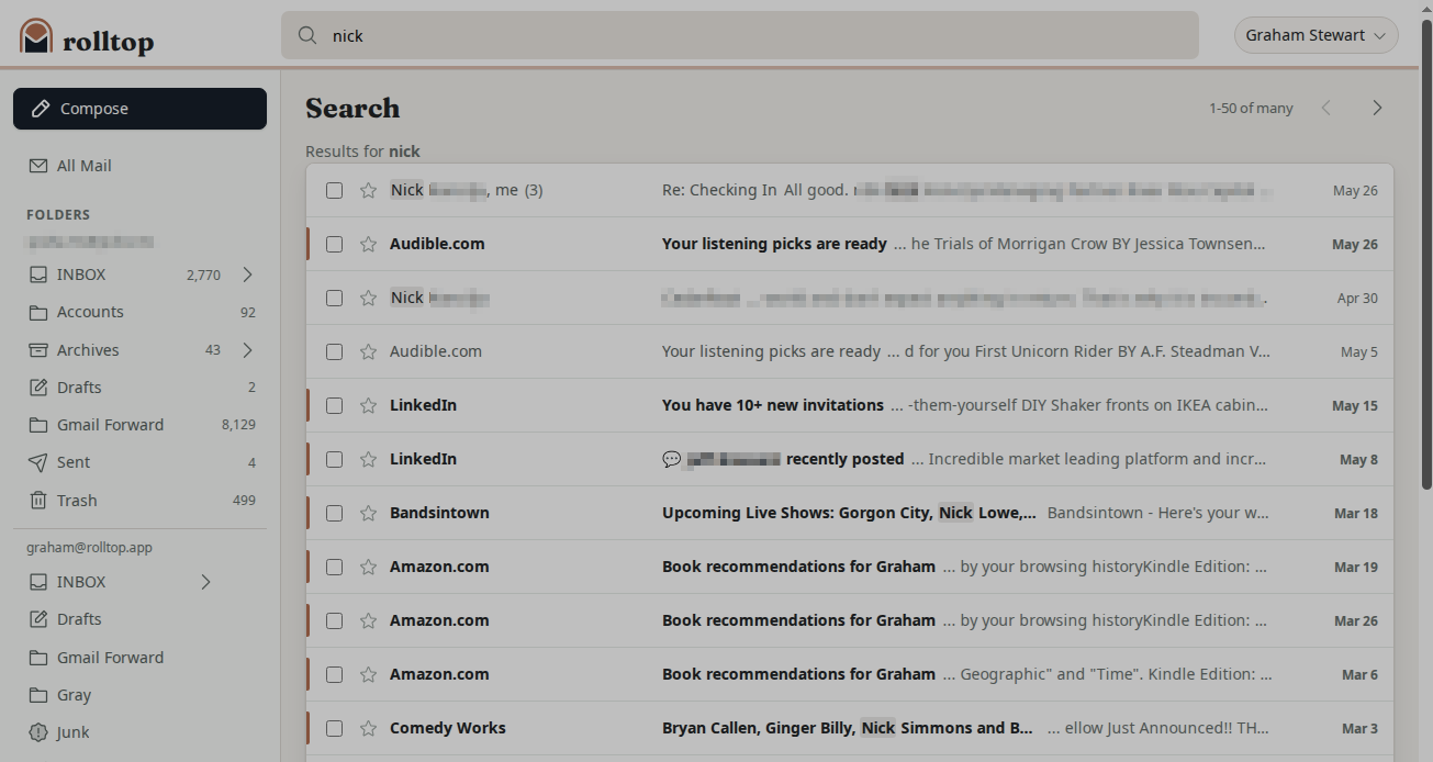 rolltop search results for matching messages