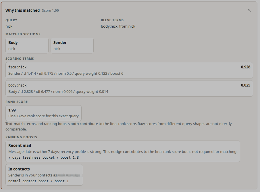 rolltop search explanation showing why a message matched