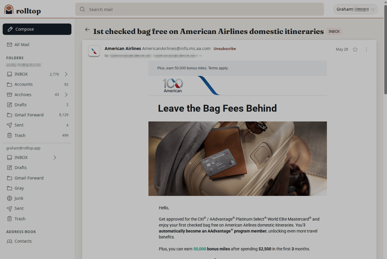 rolltop message view with a selected email open